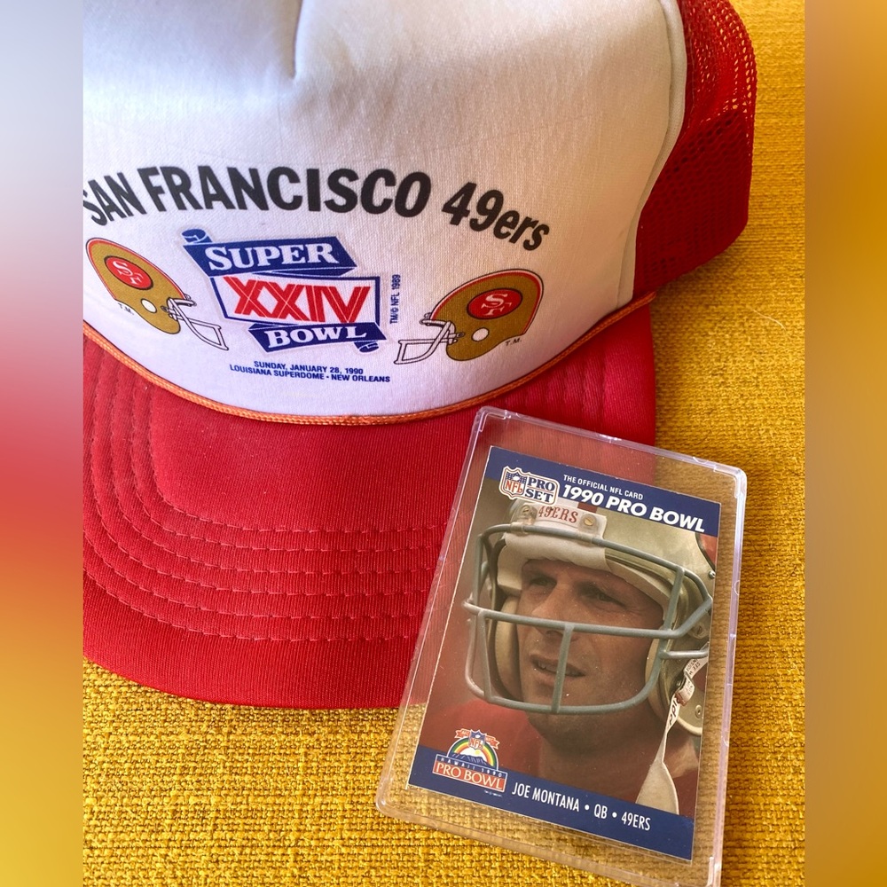 Vintage 49ers Super Bowl XXIV 1990 Hat Joe Montana Card Collectible bundle 90s